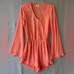 Coral V‑Neck Button Romper with Bell Sleeves small